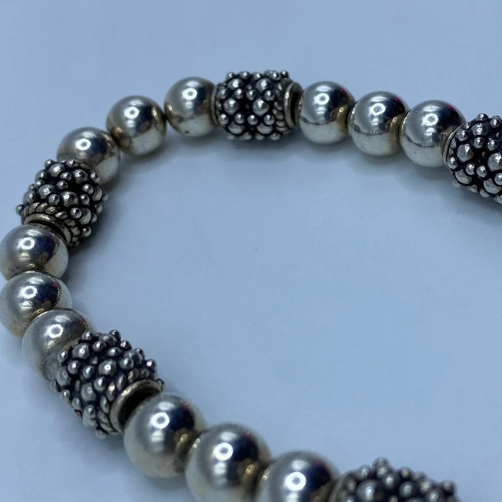 Minimalist Chic Silver Beaded Bracelet Toggle Clasp Bali Style Textured - 7.25